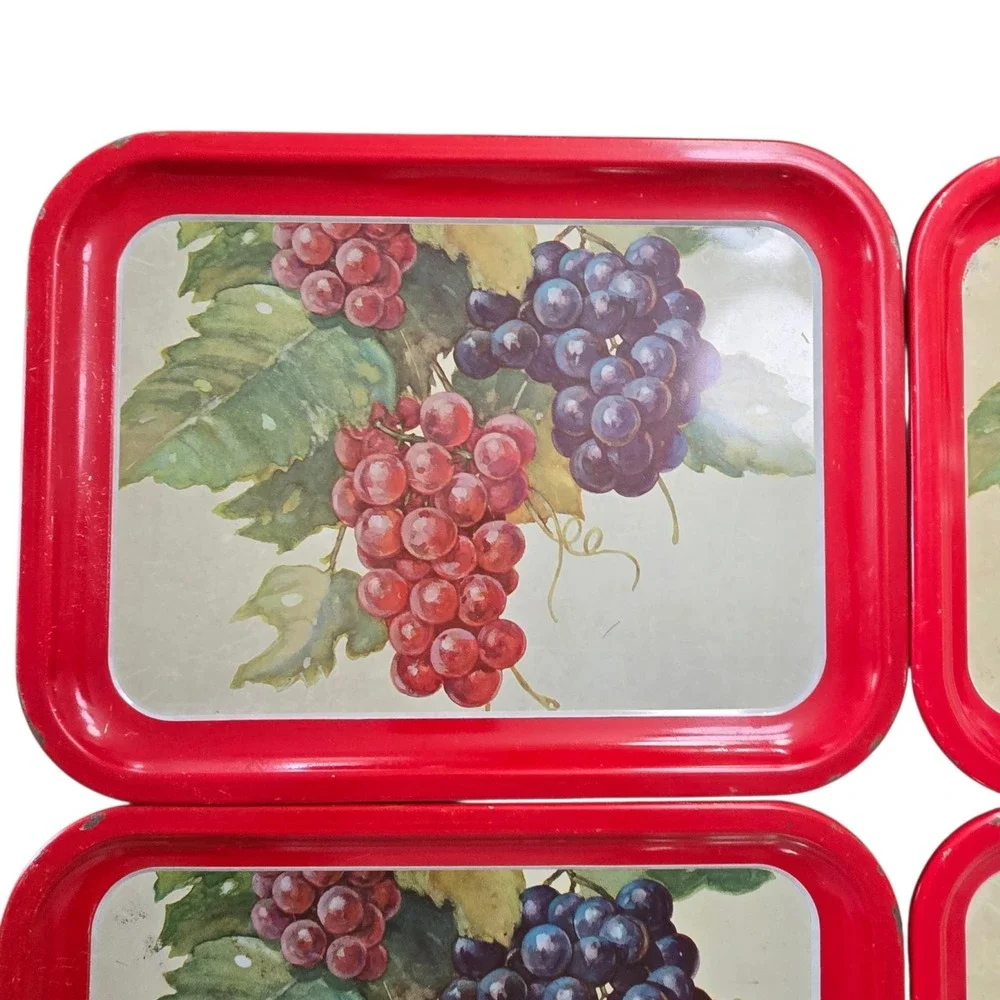 Vintage Metal Serving Trays Red Trim W/Grapes Design 10.5